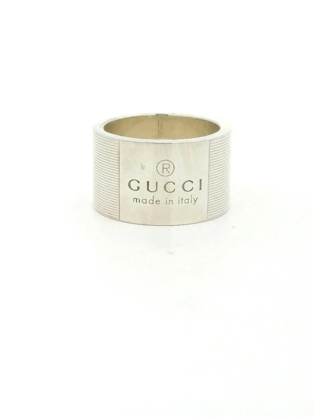 Gucci Sterling Silver Trademark Wide Band Ribbed Ring - Size 6.5